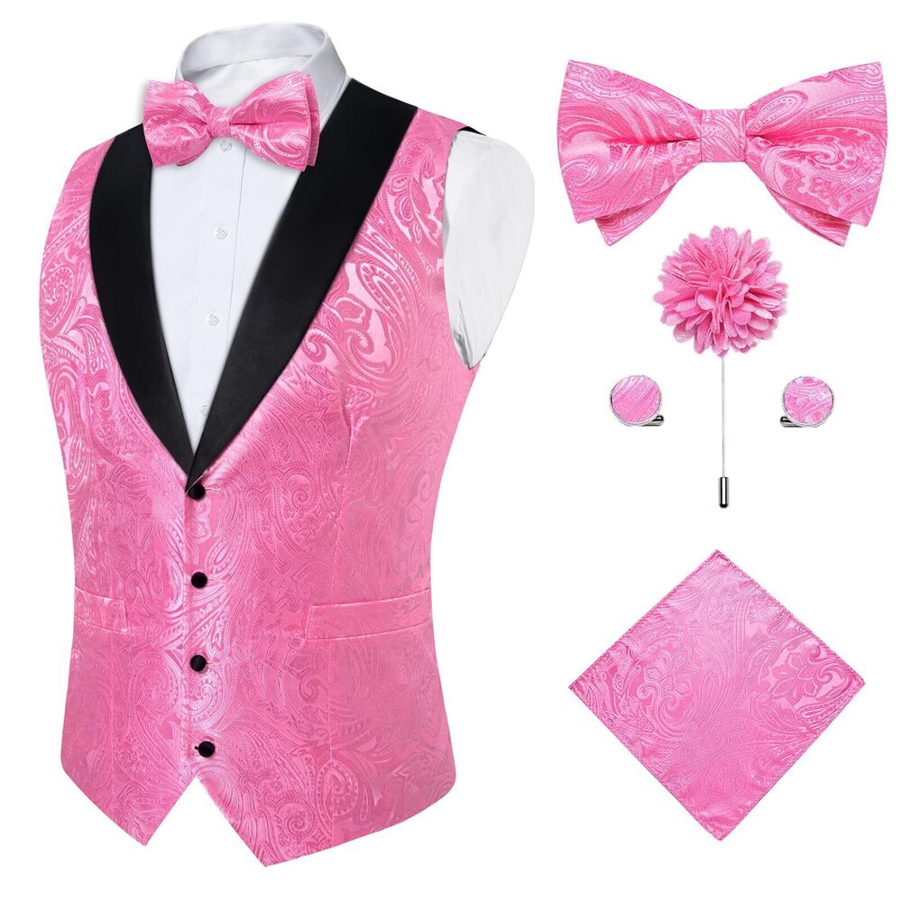 2096 Pink Vest Bowtie Set 5PCS Silk Paisley Waistcoat and Bowtie Pocket